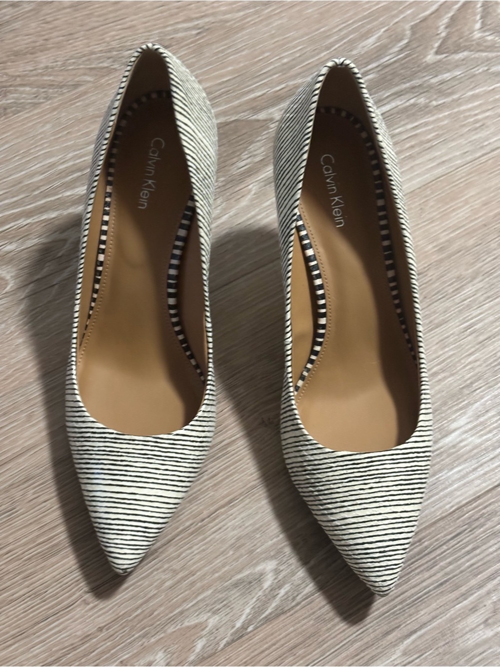 Calvin Klein Black and White Striped Pointed Pumps